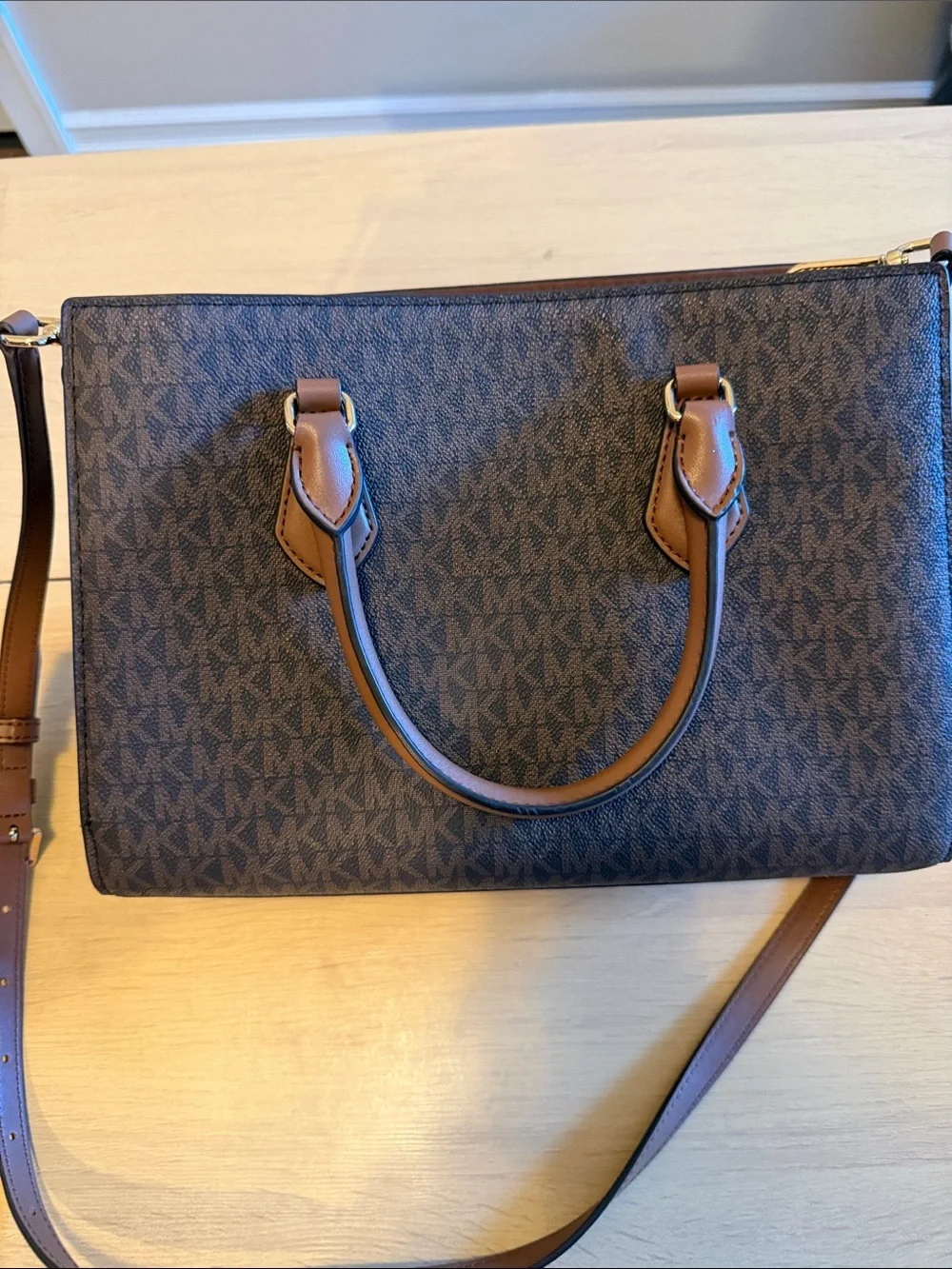 Michael Kors Brown Logo Satchel with Metallic Stripe Accents